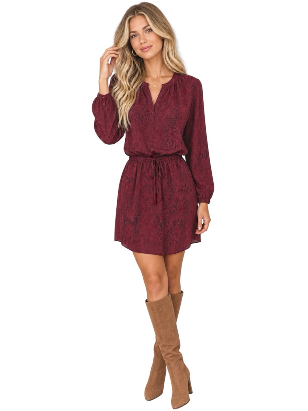 Rails | Python print 100% Silk Longsleeve dress Drawstring Waist red burgundy M